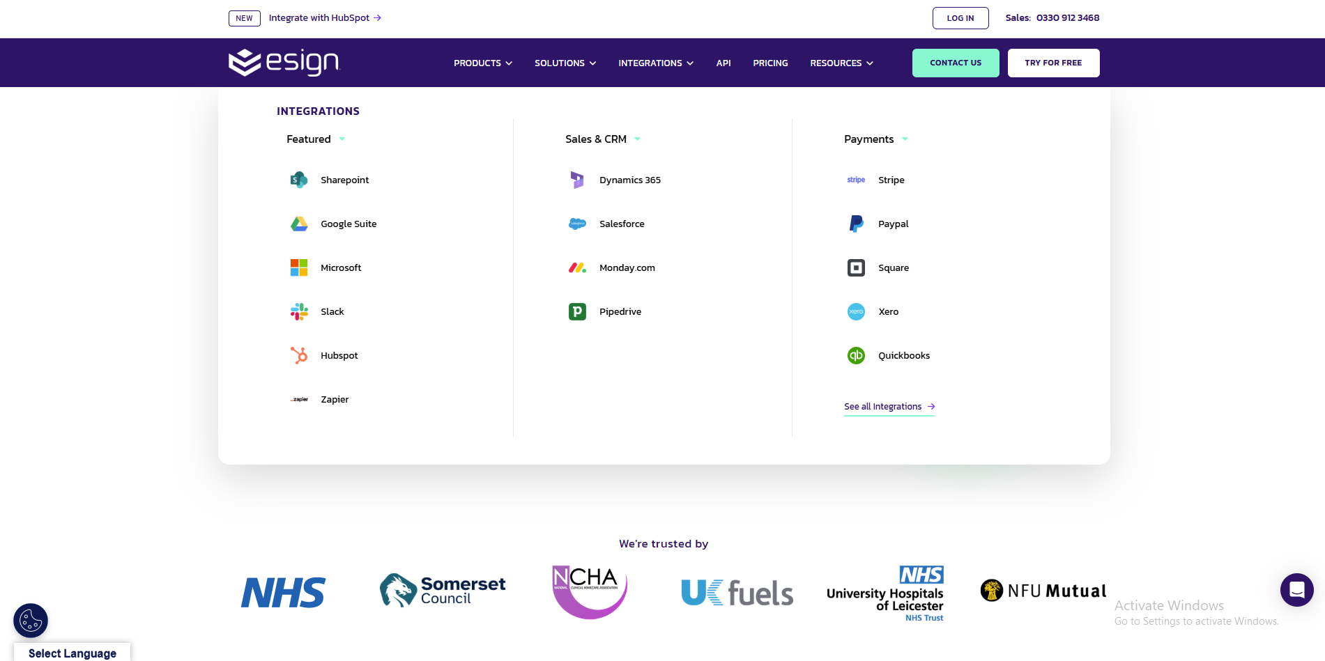 Integrations mega-menu