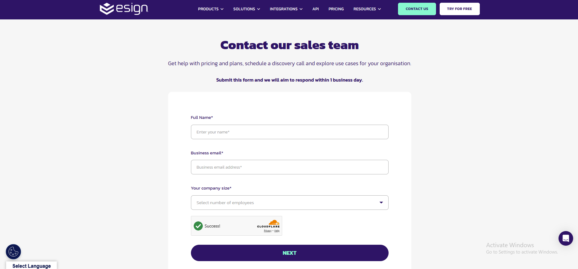 Contact Sales form